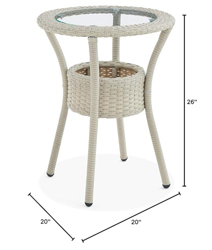 Modern and Weatherproof Haven All-Weather Wicker Outdoor Round Glass-Top Accent Table with Storage - Outdoor Furniture Patio Set & Metal - 20 in. W x 20 in. D x 26 in. H