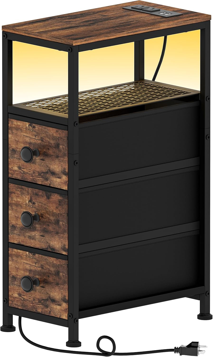 Narrow End Table with Charging Station, 7.9" Wide Couch Side Table with LED Light, Skinny Nightstand with 3 Fabric Storage Drawers, Slim Bedside Table for Bedroom, Small Spaces, Rustic Brown