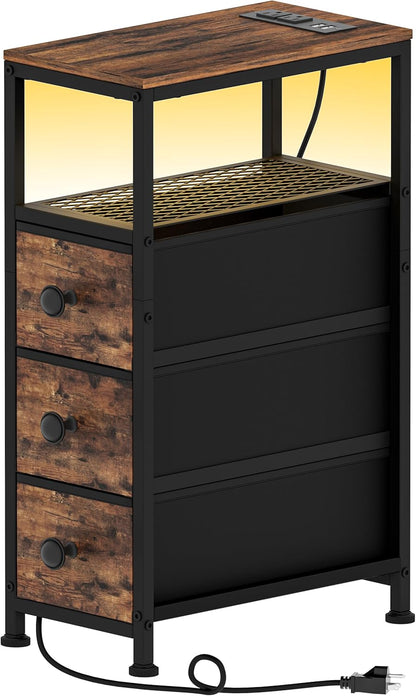 Narrow End Table with Charging Station, 7.9" Wide Couch Side Table with LED Light, Skinny Nightstand with 3 Fabric Storage Drawers, Slim Bedside Table for Bedroom, Small Spaces, Rustic Brown
