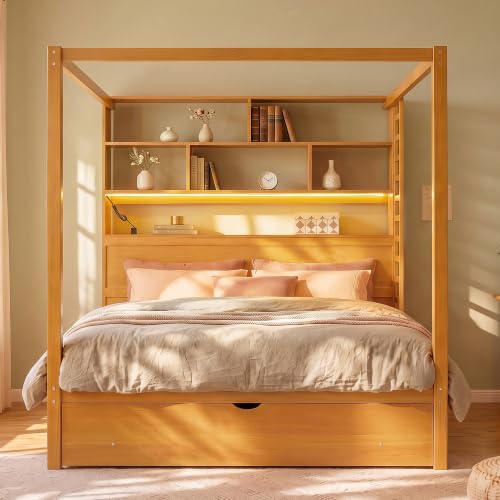 LUMISOL Full Size Canopy Bed with Storage Drawer & LED Bookcase, Walnut, view 2