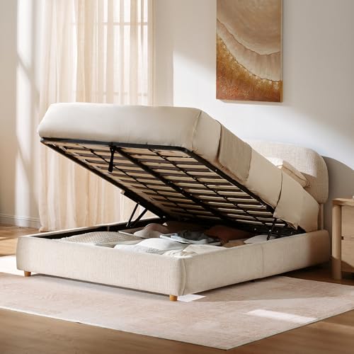 Queen Lift Up Storage Bed Frame with Adjustable Headboard, Beige, view 2