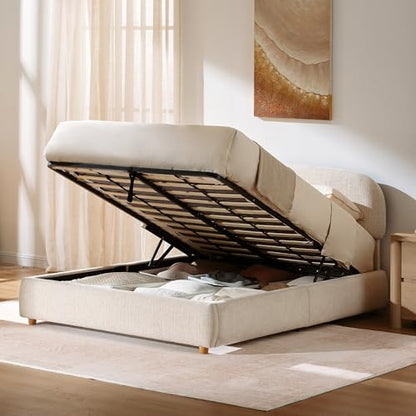 Queen Lift Up Storage Bed Frame with Adjustable Headboard, Beige, view 2