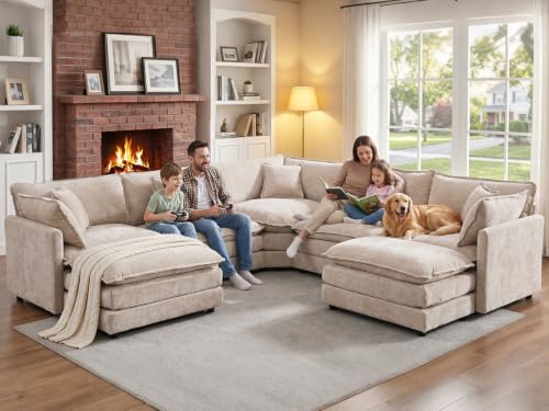 Cloud Couch Oversized Modular Sectional Sofa for Living Room, Modern Chenille 7 Seater Corner Sofa with Deep Seat, Large U-Shaped Couch Set for Spacious Space Apartment, Camel