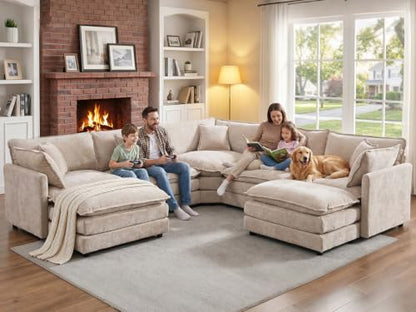 Cloud Couch Oversized Modular Sectional Sofa for Living Room, Modern Chenille 7 Seater Corner Sofa with Deep Seat, Large U-Shaped Couch Set for Spacious Space Apartment, Camel