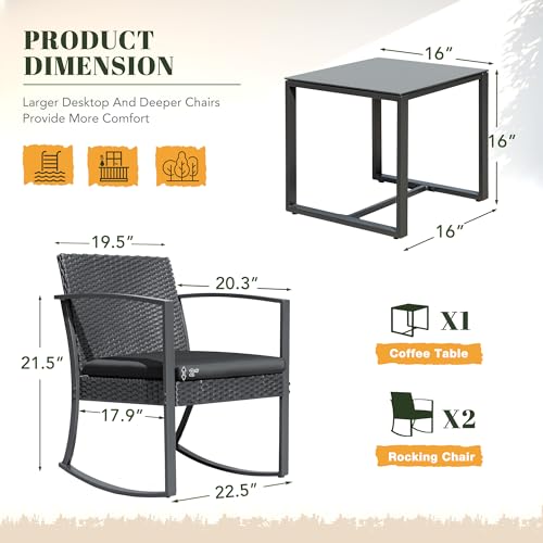 Resin Patio Furniture Set 3 Piece All Weather Outdoor Rocking Chairs with Cushions and Coffee Table for Bistro Balcony Porch (Black)