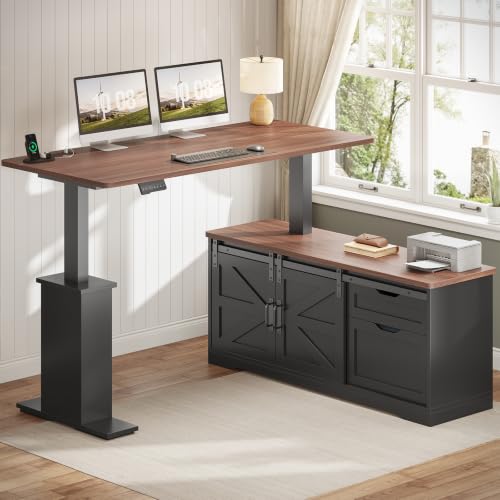 Farmhouse 55 inch L Shaped Standing Desk with Storage Drawers, view 4