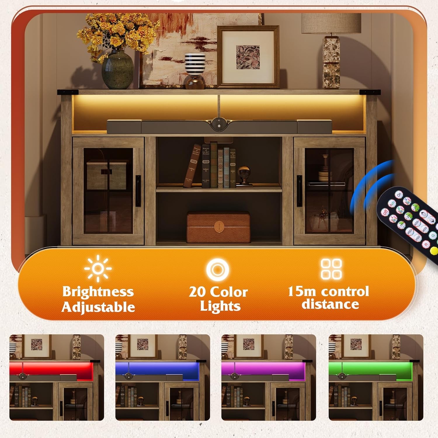 Farmhouse TV Stand for 65 Inch TV, Tall Entertainment Center with LED Lights & Storage Cabinets, TV Media Console Table with Adjustable Shelf for Living Room, Bedroom, Home Theater, Gray Oak