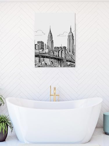 NuYeBiofx Modern Bridge Building Sketch Canvas Wall Art Prints,48"x32" Framed Picture Artwork Monochrome Architecture Art Printed Canvas Oil Painting for Living Room Bedroom Office,Ready to Hang