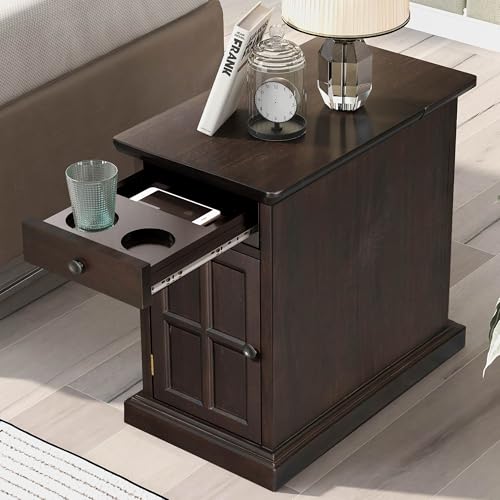 Traditional Wood Side End Table w/ Storage & Charging Station, Espresso | Vintage Nightstand, Drawer, Door Cabinet, AC Outlets & USB Ports, Cup Holder, No Assembly, for Living Room Bedroom