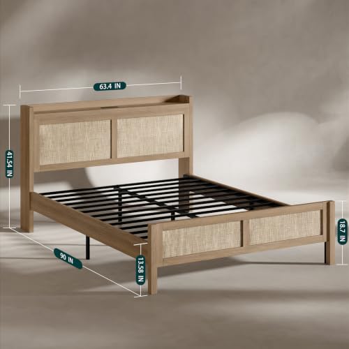 Rattan Bed Frame Queen Size with Woven Headboard, Natural Oak, view 3
