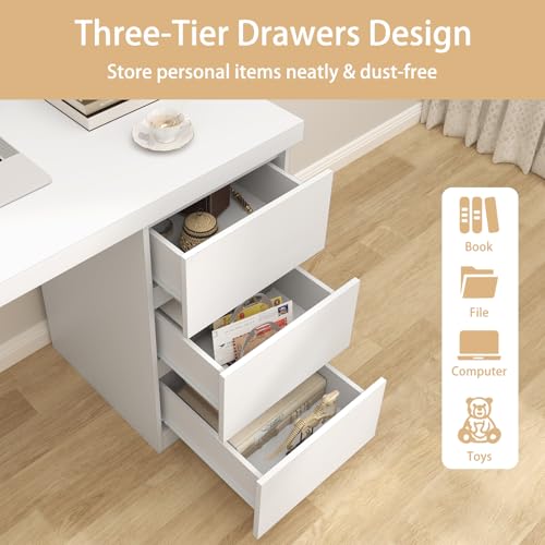 White Desk with Drawers, 43'' W Home Office Computer Desk Gaming Table, Modern Vanity Desk with Storage, Wood Writing Workstation for Bedroom, Living Room, White