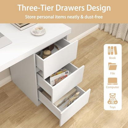 White Desk with Drawers, 43'' W Home Office Computer Desk Gaming Table, Modern Vanity Desk with Storage, Wood Writing Workstation for Bedroom, Living Room, White