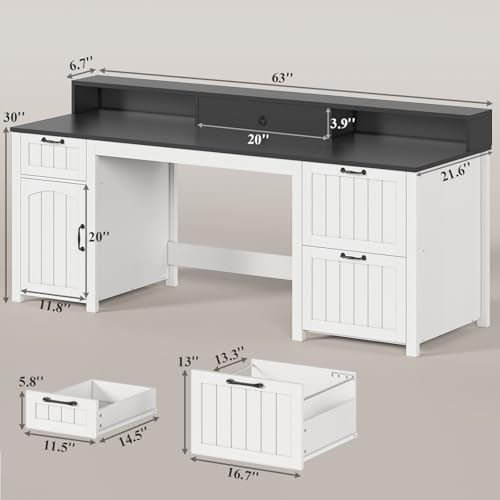 63" Farmhouse Executive Desk with Drawers and Storage, White + Black, view 3