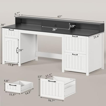 63" Farmhouse Executive Desk with Drawers and Storage, White + Black, view 3