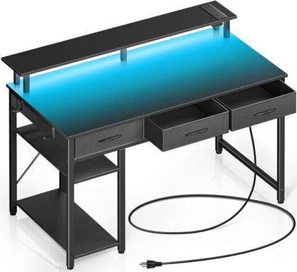 Computer Desk with Power Outlets & LED Light, 39 inch Home Office Desk with 3 Drawers and Storage Shelves, Writing Desk with Monitor Stand, Modern Work Desk for Home Office, Carbon Black