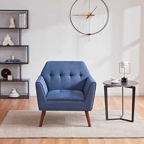 Accent Chairs for Bedroom, Midcentury Modern Living Room Accent Arm Chair, Linen Fabric Comfy Reading Chair, Tufted Sofa Chair, Blue