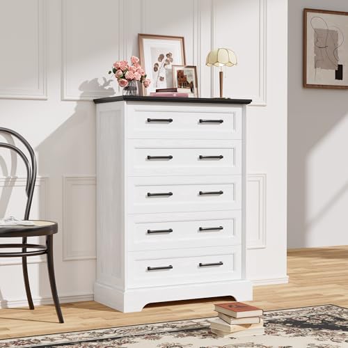 Tall Dresser for Bedroom, Farmhouse 5 Drawers Dresser, White&Black, view 3