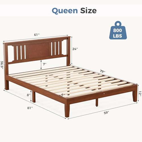 Wood Bed Frame, Queen Size Platform Bed Frame with Headboard, view 3