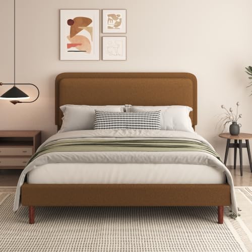 Queen Size Boucle Platform Bed Frame with Adjustable Headboard, view 2