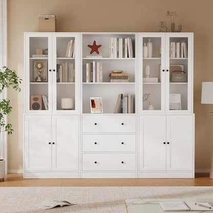 71" H Bookshelf with Storage, 6-Tier Modern Bookshelves with 3 Large Drawer, Display Bookcase with Glass Doors, Modern 5-Tier Curio Cabinet for Home Office, Dining Room (White, ABA)
