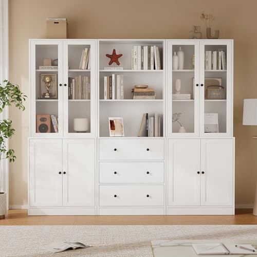 71" H Bookshelf with Storage, 6-Tier Modern Bookshelves with 3 Large Drawer, Display Bookcase with Glass Doors, Modern 5-Tier Curio Cabinet for Home Office, Dining Room (White, ABA)