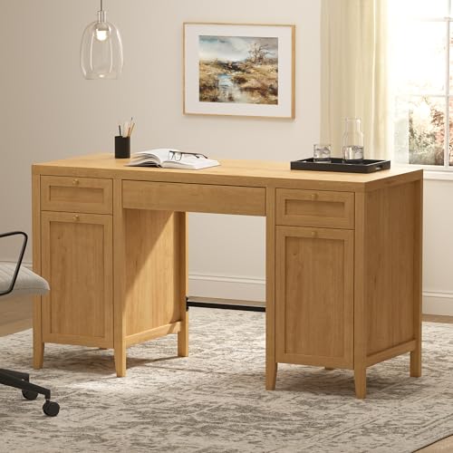 52" Large Executive Desk with Drawers, Farmhouse Wooden Home Office Desk with Storage Cabinet, Modern Computer Writing Desk for Work Study, Workspace, Natural Oak