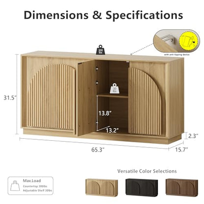 Fluted Sideboard Buffet Cabinet with Storage, 65" Modern Accent Cabinet with Double-Layered Arch Doors, Wood Boho Media TV Console Table Credenza for Living Dining Room Hallway Entryway, Oak