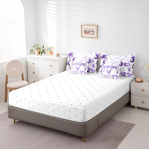 Purple Bowknot Comforter Set 7 Pieces Twin,Girly Bedroom Gift 3D Watercolor Bow Bedding Set,Romantic Bowknot Kids Bedroom Gift (Comforter+Fitted+Flat Sheet+2 Pillowcases+2 Throw Pillow Covers)