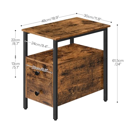 End Table, Narrow Chairside Table with Drawer and Open Storage Shelf, Nightstand for Small Spaces, Stable and Sturdy Construction, Wood Look Accent Furniture, Rustic Brown and Black BF548BZ01G3