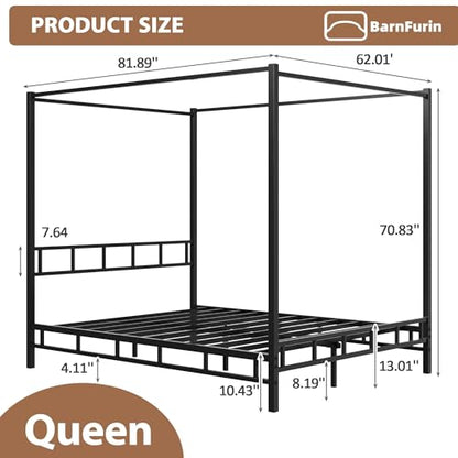 Queen Size Canopy Bed Frame with Heavy Duty Metal Slats, Black, view 3