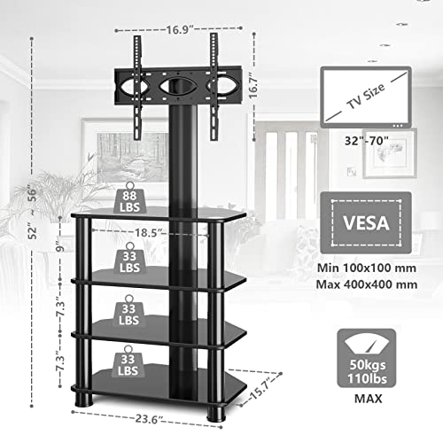 TAVR 4-Tiers Media Component Swivel TV Stand for 32-70 inch TVs | Height Adjustable TV Mount Stand with Tempered Glass Audio Shelf, Floor Tall TV Stand for Bedroom, Living Room, Office, Black