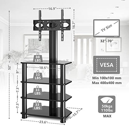 TAVR 4-Tiers Media Component Swivel TV Stand for 32-70 inch TVs | Height Adjustable TV Mount Stand with Tempered Glass Audio Shelf, Floor Tall TV Stand for Bedroom, Living Room, Office, Black