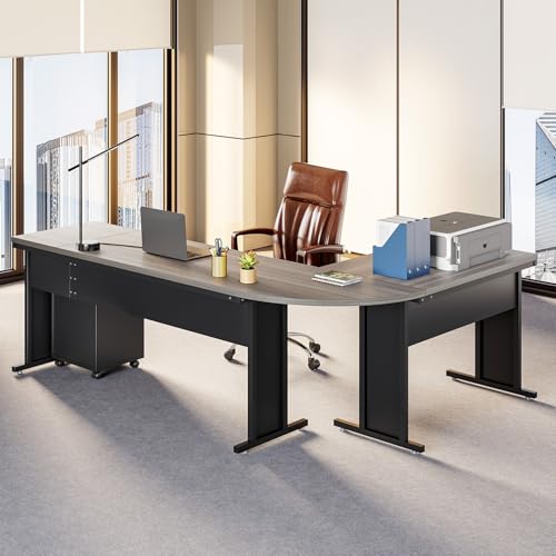 82.67" Long Executive Desk with Drawers, Large L-Shaped Office Desk with Mobile File Cabinet, Farmhouse Computer Office Furniture Work Desk with Storage for Home Office, Gray
