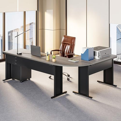 82.67" Long Executive Desk with Drawers, Large L-Shaped Office Desk with Mobile File Cabinet, Farmhouse Computer Office Furniture Work Desk with Storage for Home Office, Gray