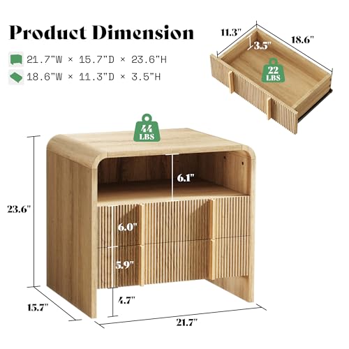 3-Piece Modern Fluted Bedroom Furniture Set, Including Wood Queen Size Bed Frame with Headboard & Footboard and Storage Night Stand Set of 2, Wooden Bedframe and Nightstand Sets, Natural Oak