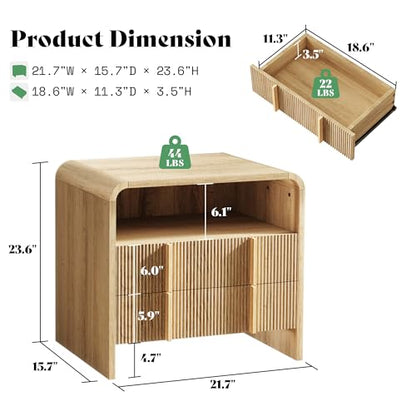 3-Piece Modern Fluted Bedroom Furniture Set, Including Wood Queen Size Bed Frame with Headboard & Footboard and Storage Night Stand Set of 2, Wooden Bedframe and Nightstand Sets, Natural Oak