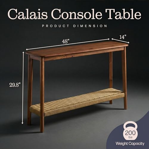 Calais Solid Wood Console Table with Woven Storage Shelf, Chestnut, 48 Inch | 2-Tier Narrow Sofa Table, Mid Century Modern Entryway Table for Living Room, Behind the Couch, Hallway, or Foyer by Alaterre