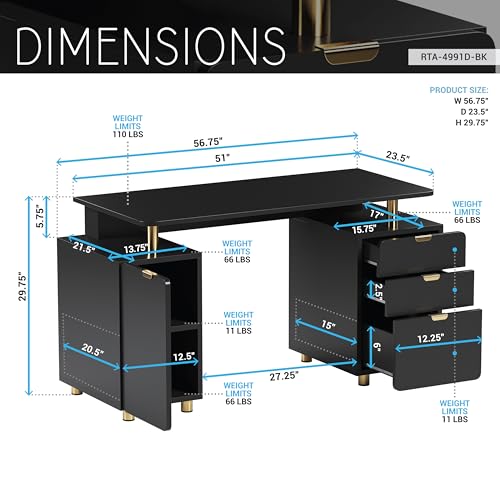 57"W Computer Desk w/ 3 Drawers & Storage Cabinet, Black/Gold, view 4