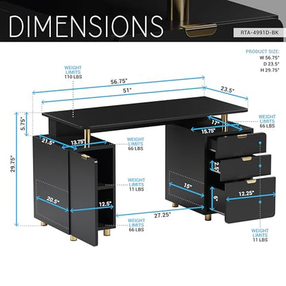 57"W Computer Desk w/ 3 Drawers & Storage Cabinet, Black/Gold, view 4