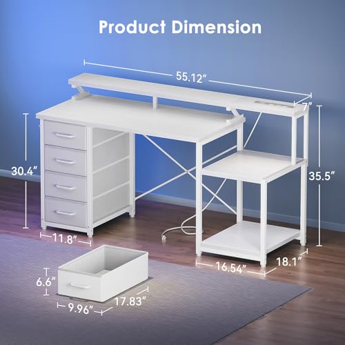 55 Inch Computer Desk with 4 Drawers, Office Desk with Power Outlets, Printer Shelf & Storage Shelves, Large Writing Study Table for Home, Bedroom, Study or Gaming Setup, White