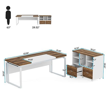 Tribesigns L-Shaped Executive Desk with Reversible File Cabinet, 63" Office Desk with Storage Drawers, Computer Desk Set (Oak Karo & White)