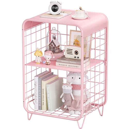 Cute Kids Pink Nightstand,Metal Side Table,3 Tier End Table with Storage,Vintage Bedside Table,Girls Bedroom Furniture for Living Room,Bedroom,Dorm