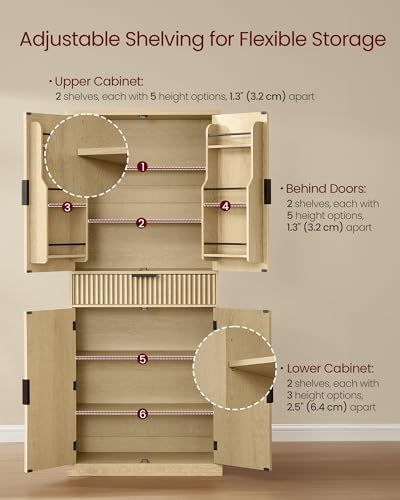 VASAGLE MAXE Collection - Pantry Cabinet, 70.6-Inch Tall Storage Cabinet with Drawer, 6 Adjustable Shelves, 2 Cabinets, Fluted Doors, Mid Century Modern, for Kitchen Living Room, Oak Beige UBBK365Y01
