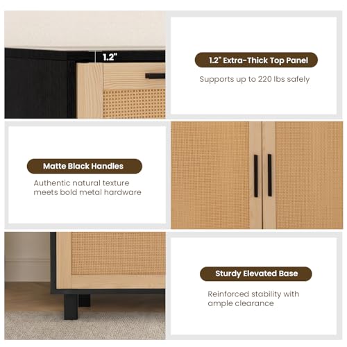 47.2-Inch Rattan Sideboard Buffet, 3 Drawers, 2 Doors, Black, view 7