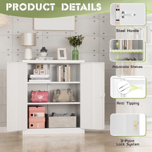 36” Metal Storage Cabinet, Locking Steel Storage Cabinet with 2 Doors and 2 Adjustable Shelves, Small Lockable Tool Storages Cabinet for Garage, Home, Office (White)