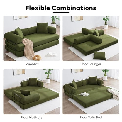 Convertible Sleeper Sofa Bed with Cylindrical Pillow, Corduroy Folding Mattress Couch with Fixed-Shape Frame, Floor Sofa Lounge Couch for Living Room Bedroom Lounge Studio-Green