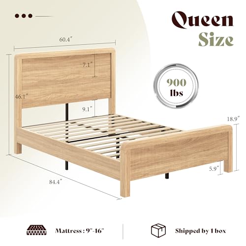 3-Piece Modern Fluted Bedroom Furniture Set, Including Wood Queen Size Bed Frame with Headboard & Footboard and Storage Night Stand Set of 2, Wooden Bedframe and Nightstand Sets, Natural Oak