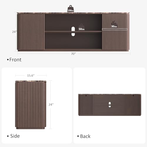 70" Modern Fluted TV Stand, for TVs Up to 80", Faux Marble Top, Brown Oak, view 3