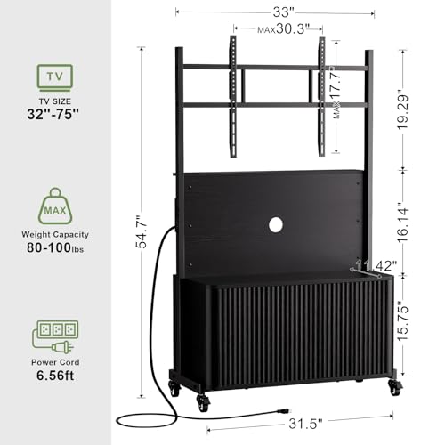 Rolling TV Stand with Mount for 32-75 Inch, Black, view 3