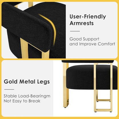 Black and Gold Accent Chairs Set of 2, Boucle Barrel Chairs for Living Room | Boucle Upholstery, Curved Bucket Design, Bedroom Chair, Gold-Tone Base, Armchairs for Office, Small Space Seating